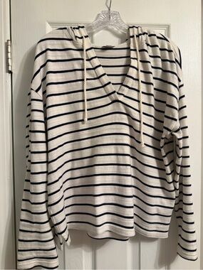 J. Crew White and Navy Striped Hooded Knit Top